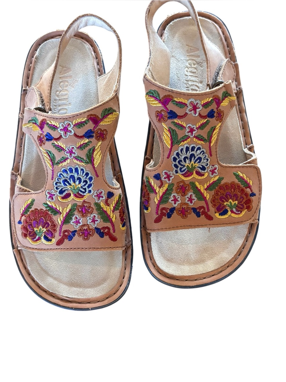 Alegria Viki Cognac Needles & Pins Embroidered Slingback Sandals,Leather